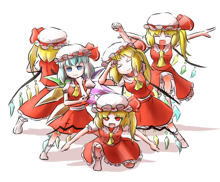 ascot blonde_hair blue_eyes blue_hair cirno closed_eyes cosplay crystal dragon_ball dragon_ball_z eyebrows_visible_through_hair flandre_scarlet flandre_scarlet_(cosplay) frilled_shirt_collar frilled_skirt frills ginyu_force_pose hat highres ice ice_wings mob_cap open_mouth peroponesosu. pose puffy_short_sleeves puffy_sleeves red_eyes red_skirt red_vest short_hair short_sleeves side_ponytail simple_background skirt smile socks touhou v-shaped_eyebrows vest white_background wings yellow_neckwear