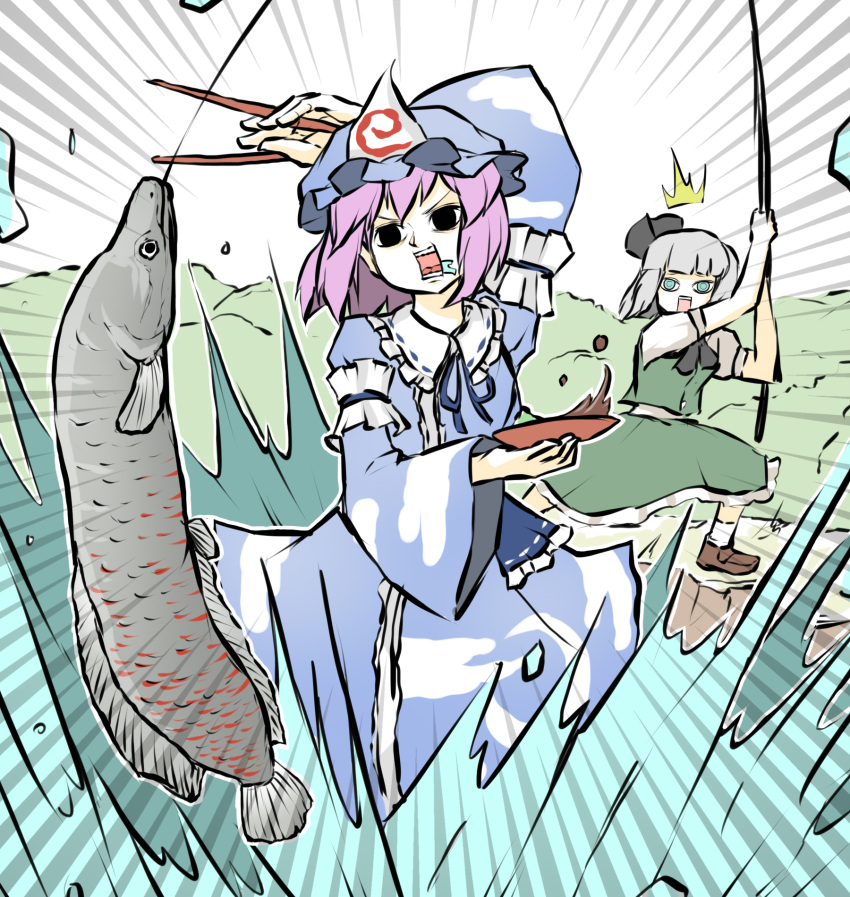 2girls arm_garter bangs black_hairband black_neckwear black_ribbon blue_kimono chopsticks fish fishing_rod frilled_shirt_collar frills green_skirt green_vest grey_hair hairband hat highres japanese_clothes kimono konpaku_youmu loafers long_sleeves mob_cap multiple_girls open_mouth peroponesosu. pink_hair plate puffy_short_sleeves puffy_sleeves ribbon saigyouji_yuyuko saliva shoes short_hair short_sleeves skirt socks soy_sauce splashing surprised teeth tongue touhou triangular_headpiece v-shaped_eyebrows vest water wide-eyed