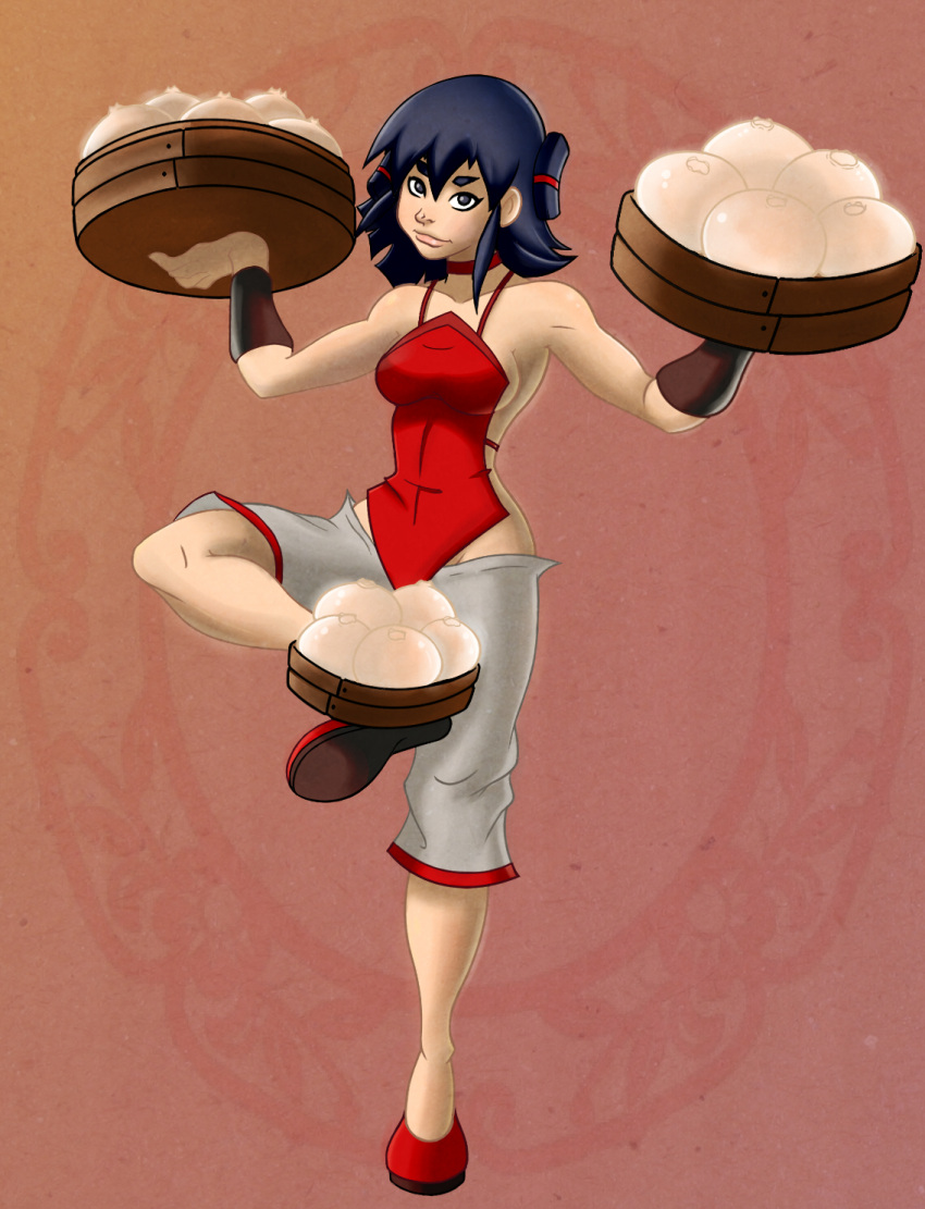 1girl armband balancing bangs baozi bare_back bare_shoulders basket black_eyes black_hairband breasts brown_background chinese_clothes chinese_food collarbone commentary digitalrum english_commentary food foot_hold groin hair_between_eyes hair_tie hairband halterneck highres kung_fu_cooking_girls lips looking_at_viewer lowleg lowleg_pants medium_breasts muscular muscular_female pants red_footwear red_neckwear red_shirt shirt short_eyebrows short_hair sideboob solo standing standing_on_one_leg thick_eyebrows upturned_eyes white_pants xiao_shao_(kung_fu_cooking_girls)