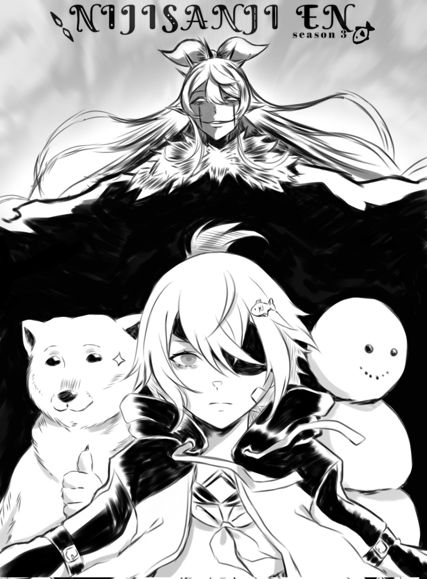 2girls bangs bear blank_eyes empty_eyes eyepatch facial_mark fish_hair_ornament fur_trim hair_ornament hair_ribbon highres hood hoodie lendivere long_hair monochrome multiple_girls nijisanji nijisanji_en one_eye_covered parody petra_gurin polar_bear pomu_rainpuff ribbon serious short_hair smile snowman sparkle thumbs_up