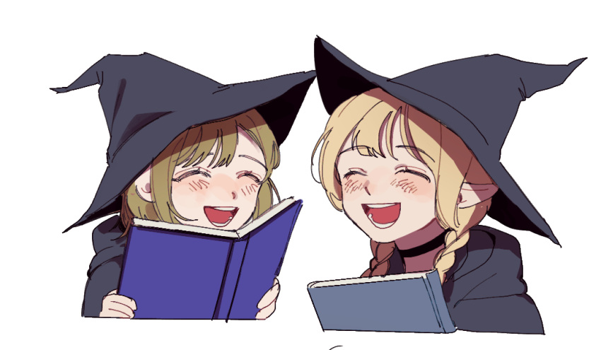 2girls :d black_choker black_headwear black_robe blonde_hair book braid choker closed_eyes dungeon_meshi facing_viewer falin_thorden hat holding holding_book low_braid marcille medium_hair multiple_girls open_mouth simple_background smile twin_braids white_background witch witch_hat yp_(pypy_5_)