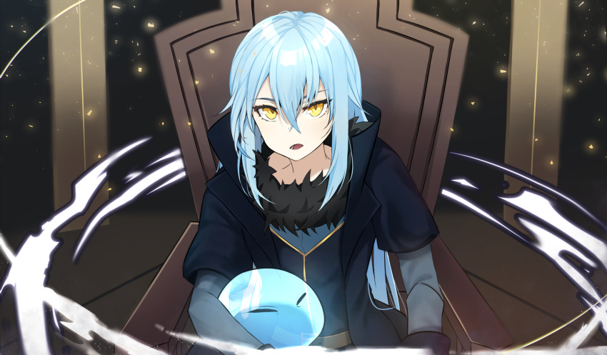 1other absurdres androgynous bangs blue_hair commentary_request english_commentary hair_between_eyes highres jacket light_particles long_hair long_sleeves looking_at_viewer minjiharu mixed-language_commentary open_mouth rimuru_tempest sitting slime_(creature) solo tensei_shitara_slime_datta_ken throne yellow_eyes