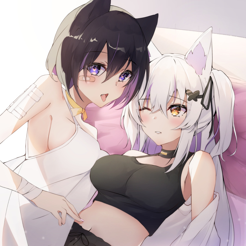 2girls absurdres animal_ear_fluff animal_ears bandaged_arm bandages bandaid bandaid_on_arm bandaid_on_face bangs bare_shoulders black_choker black_hair black_ribbon black_shirt blush breasts camisole cat_ears choker colored_inner_hair commentary_request crop_top eyebrows_visible_through_hair fang hair_between_eyes hair_ornament hair_ribbon hand_on_another's_stomach heart heart-shaped_pupils highres kurohikage long_hair looking_at_another looking_at_viewer lying medium_breasts midriff multicolored_hair multiple_girls nail_polish navel off_shoulder on_back one_eye_closed open_mouth original parted_lips purple_hair ribbon shirt short_hair silver_hair streaked_hair symbol-shaped_pupils tongue tongue_out two_side_up white_shirt yellow_choker yellow_eyes