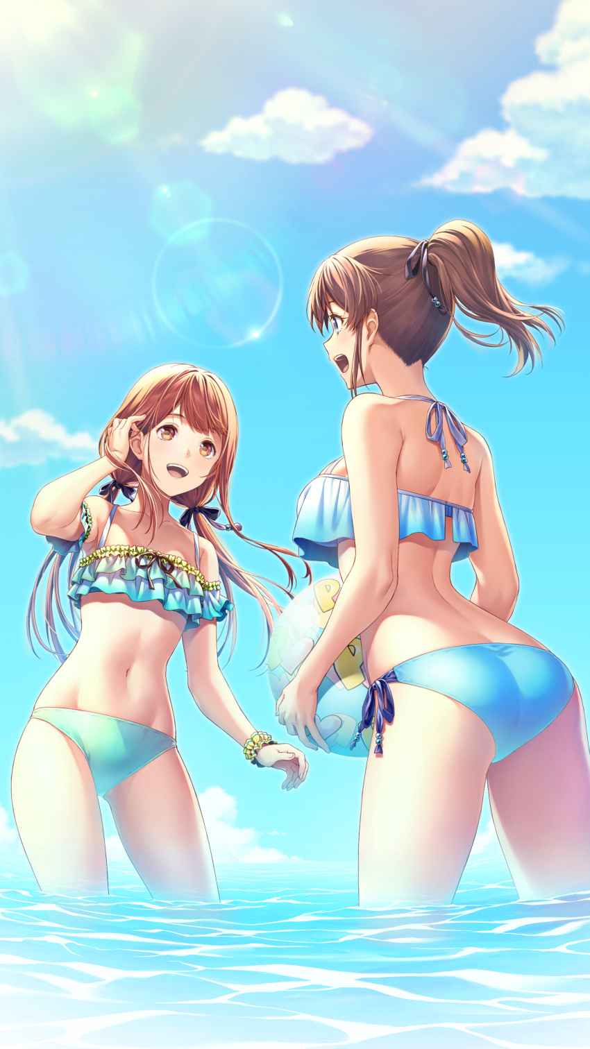 2girls :d absurdres adjusting_hair ass ass_visible_through_thighs back ball bare_arms bare_shoulders beachball bikini black_ribbon blue_bikini blue_eyes blue_sky breasts brown_eyes brown_hair collarbone commentary_request day eye_contact frilled_bikini frills hair_ribbon highres holding holding_ball idolmaster idolmaster_million_live! layered_bikini lens_flare long_hair looking_at_another low_twintails medium_breasts multiple_girls nanaran navel ocean open_mouth outdoors ponytail purple_ribbon ribbon satake_minako scrunchie short_hair short_ponytail side-tie_bikini sideways_mouth sky small_breasts smile stomach sunlight swimsuit tanaka_kotoha twintails wading water wrist_scrunchie