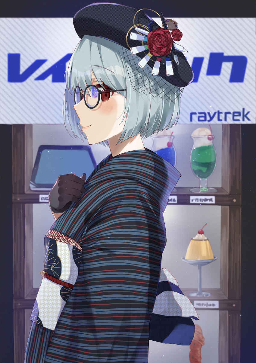 1girl absurdres beret black_gloves black_headwear blush bob_cut closed_mouth flower from_side glasses gloves grey_hair haru_yu hat hat_flower highres japanese_clothes kimono looking_at_viewer obi obiage obijime original profile red_eyes red_flower red_rose rose sash short_hair smile solo upper_body
