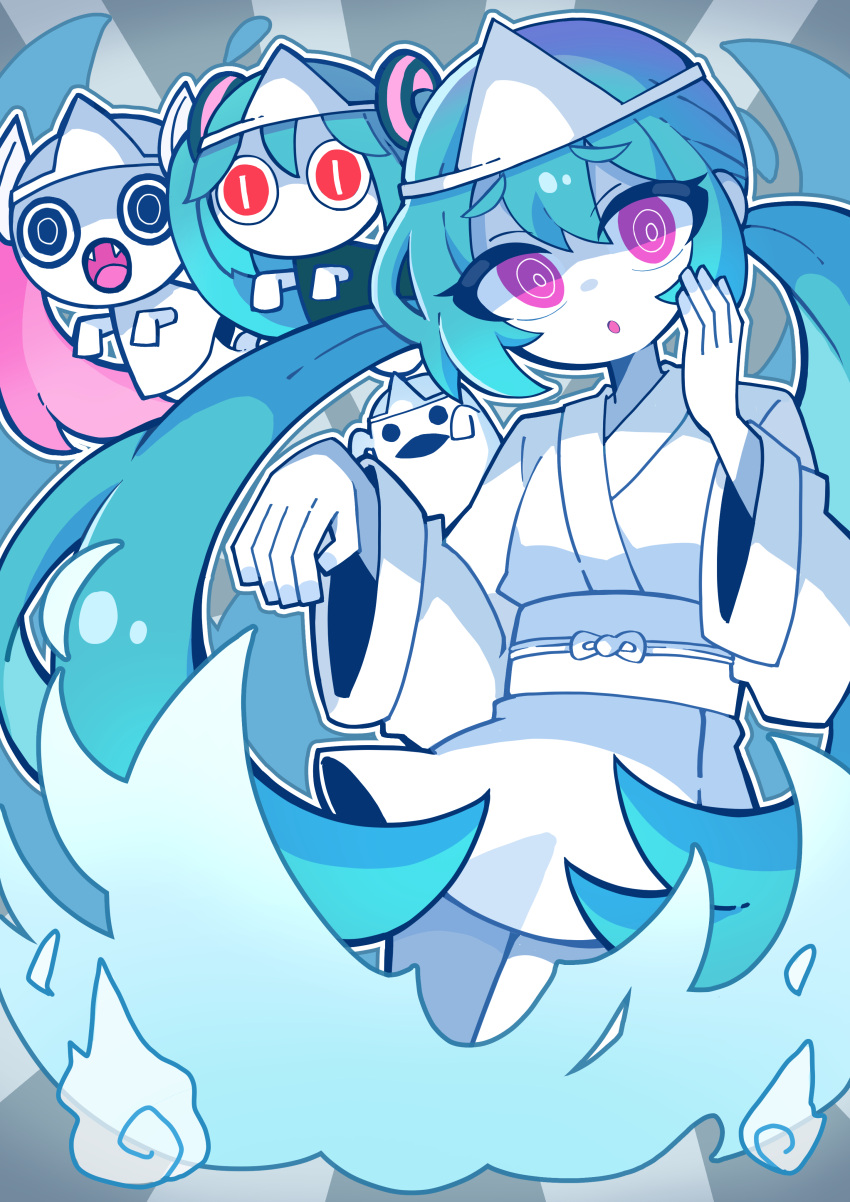 1other 3girls :o absurdres aimaina aqua_hair black_dress black_eyes colored_skin commentary cowboy_shot doushite-chan dress fangs fire flame furrowed_brow ghost ghost_pose grey_background hair_ornament hatsune_miku highres japanese_clothes kimono long_hair looking_at_viewer multiple_girls obake_no_ukenerai_(vocaloid) obi open_mouth pink_eyes pink_hair pitanto red_eyes ringed_eyes sash slit_pupils twintails very_long_hair vocaloid white_kimono white_skin