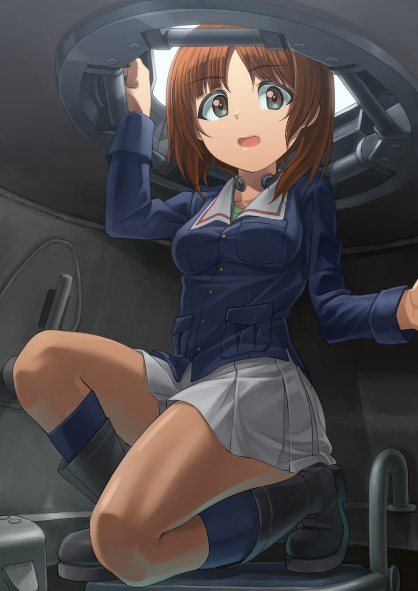 1girl absurdres bangs black_footwear blue_jacket blue_legwear boots brown_eyes brown_hair commentary eyebrows_visible_through_hair girls_und_panzer green_shirt helmet_(trailblazer003) highres jacket long_sleeves looking_at_viewer military military_uniform miniskirt nishizumi_miho one_knee ooarai_military_uniform open_mouth pleated_skirt shirt short_hair skirt socks solo tank_interior throat_microphone uniform white_skirt