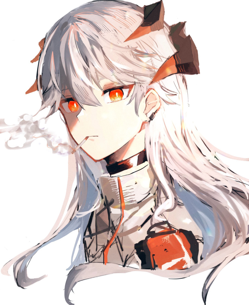 1girl arknights bangs black_choker choker cigarette closed_mouth commentary_request cropped_torso dragon_horns ear_clip highres horns long_hair looking_at_viewer orange_eyes saria_(arknights) shiro_(siro_kuten) shirt simple_background smoke smoking solo upper_body white_background white_hair white_shirt