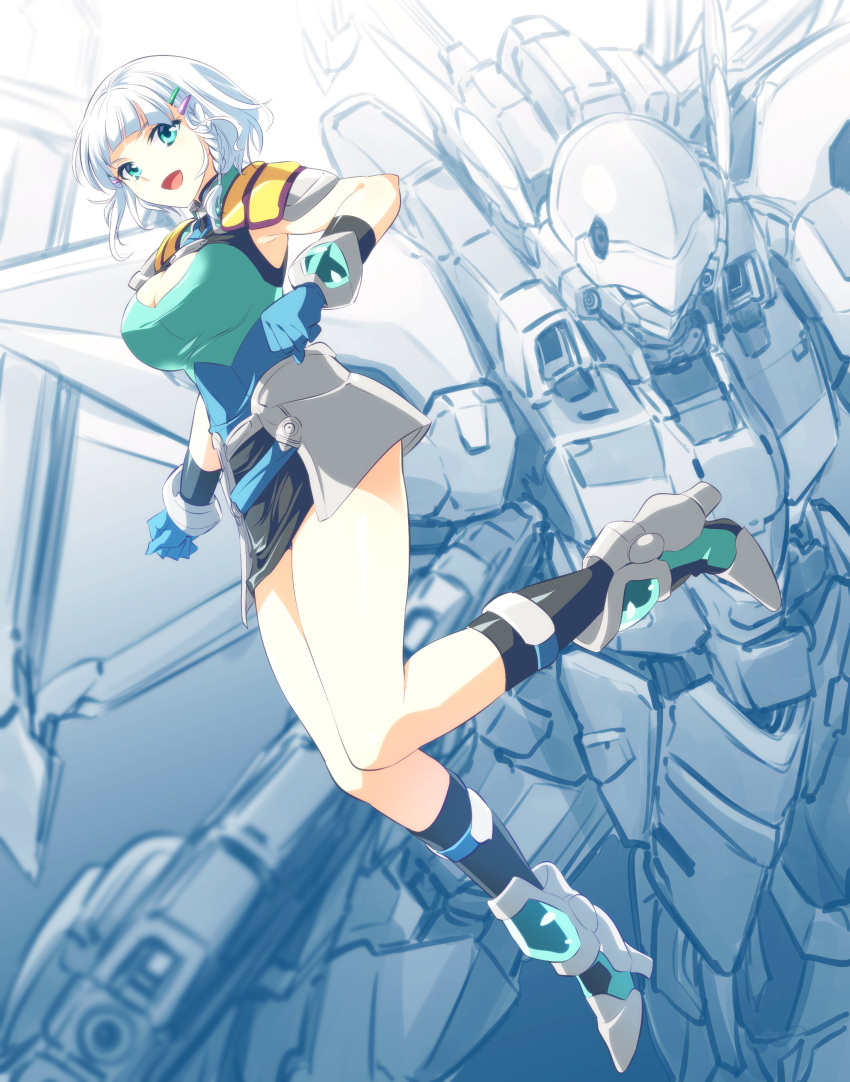 1girl :d absurdres aqua_eyes bangs black_skirt blue_gloves braid breasts clenched_hands gloves hair_ornament hairclip highres ishiyumi large_breasts looking_at_viewer mecha open_mouth science_fiction seolla_schweizer short_hair silver_hair skirt smile solo super_robot_wars super_robot_wars_original_generation wildfalken