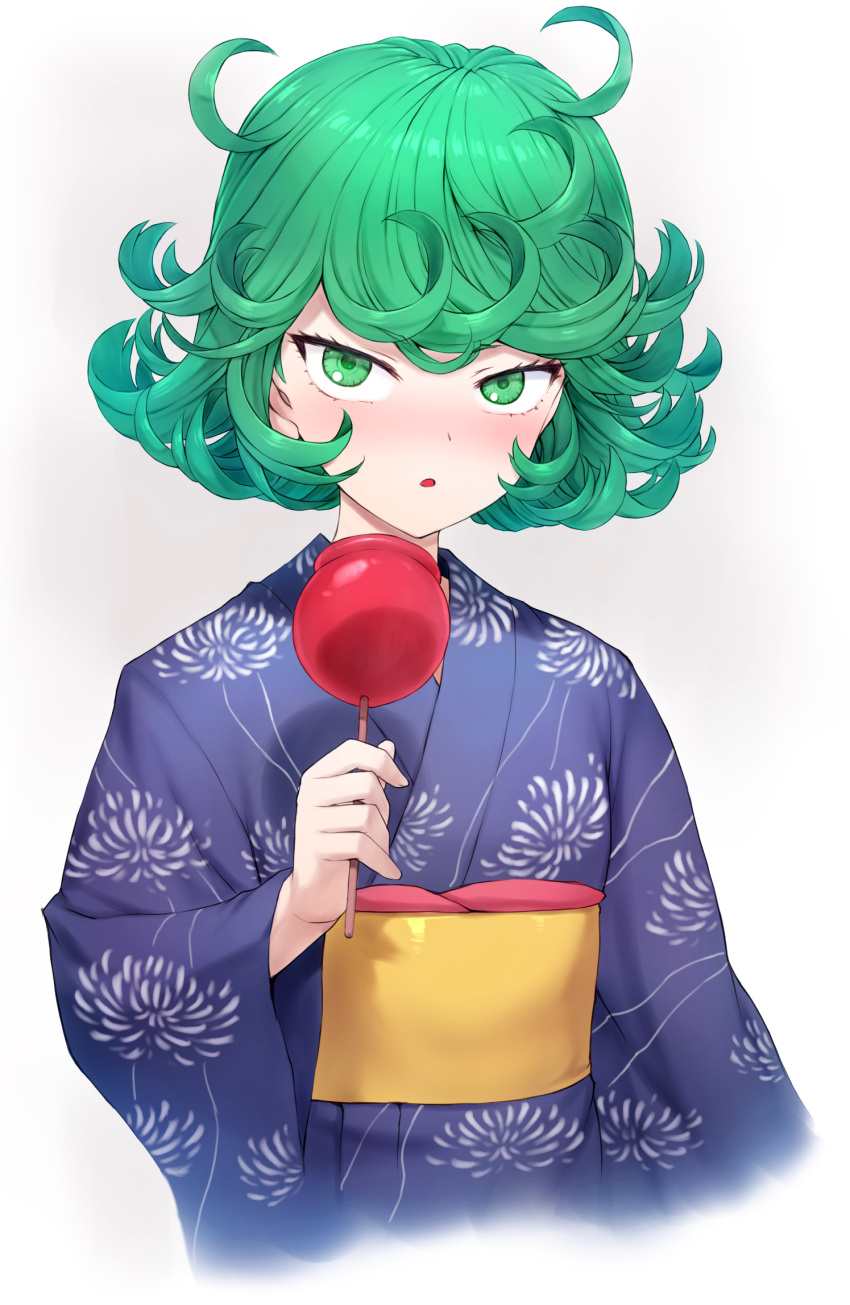 1girl blue_kimono candy candy_apple commentary_request curly_hair floral_print food green_eyes green_hair highres holding holding_candy holding_food japanese_clothes kimono looking_at_viewer mogudan obi one-punch_man print_kimono sash solo tatsumaki upper_body white_background wide_sleeves yukata