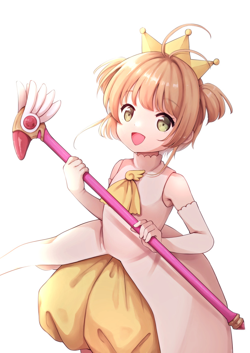 1girl :d antenna_hair bangs blush brown_hair cardcaptor_sakura commentary_request crown dress elbow_gloves eyebrows_visible_through_hair fuuin_no_tsue gloves green_eyes highres holding holding_wand kinomoto_sakura kiyomiya_ryou looking_at_viewer open_mouth puffy_shorts short_shorts shorts simple_background sleeveless sleeveless_dress smile solo two_side_up wand white_background white_dress white_gloves yellow_neckwear yellow_shorts