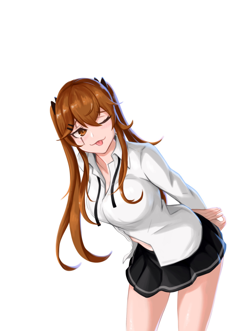 1girl absurdres arms_behind_back black_skirt breasts brown_eyes brown_hair collared_shirt copycat001 eyelashes girls_frontline highres large_breasts long_hair looking_at_viewer navel scar scar_across_eye shirt skirt solo tongue tongue_out ump9_(girls'_frontline) white_background white_shirt