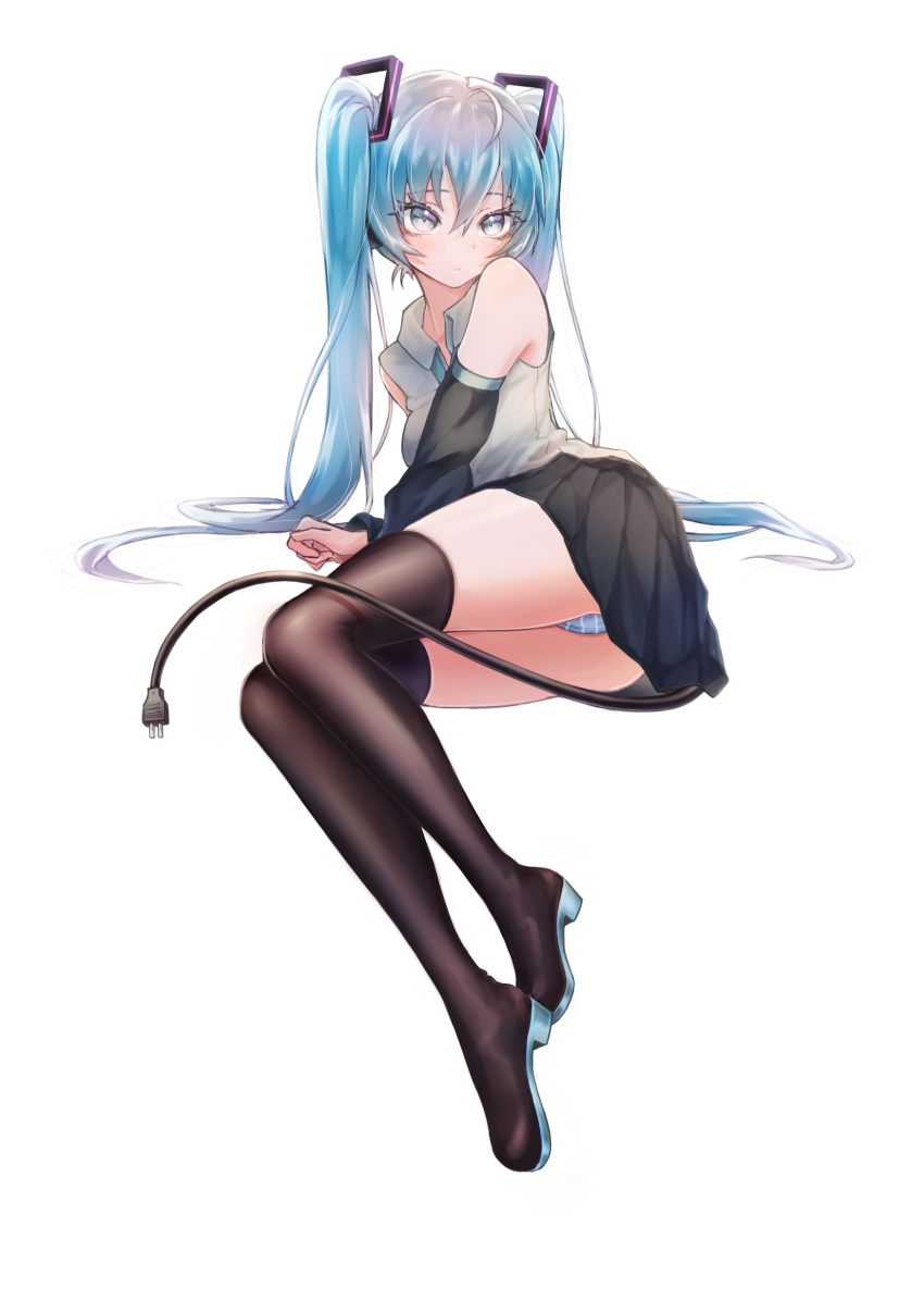 1girl absurdres bangs black_footwear black_skirt black_sleeves blue_eyes blue_hair blue_neckwear blue_panties boots collared_shirt detached_sleeves eyebrows_visible_through_hair full_body hair_between_eyes hair_ornament hatsune_miku highres leno^a^ long_hair long_sleeves miniskirt necktie panties pantyshot pleated_skirt shiny shiny_hair shirt simple_background skirt sleeveless sleeveless_shirt solo striped striped_panties thigh-highs thigh_boots twintails underwear very_long_hair vocaloid white_background white_shirt wing_collar