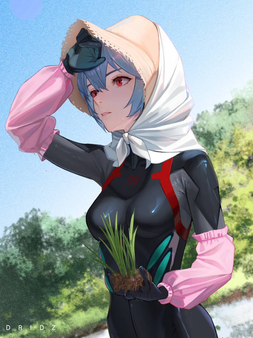 1girl artist_name ayanami_rei bandana bangs black_bodysuit blue_hair bodysuit breasts commentary detached_sleeves drid dutch_angle english_commentary film_grain foliage hair_between_eyes hand_to_forehead hat head_scarf highres holding_plant looking_ahead medium_breasts neon_genesis_evangelion parted_lips pink_sleeves plant plugsuit red_eyes rice_planting shaded_face shading_eyes skky solo straw_hat sun_hat sweat sweating_profusely upper_body white_bandana