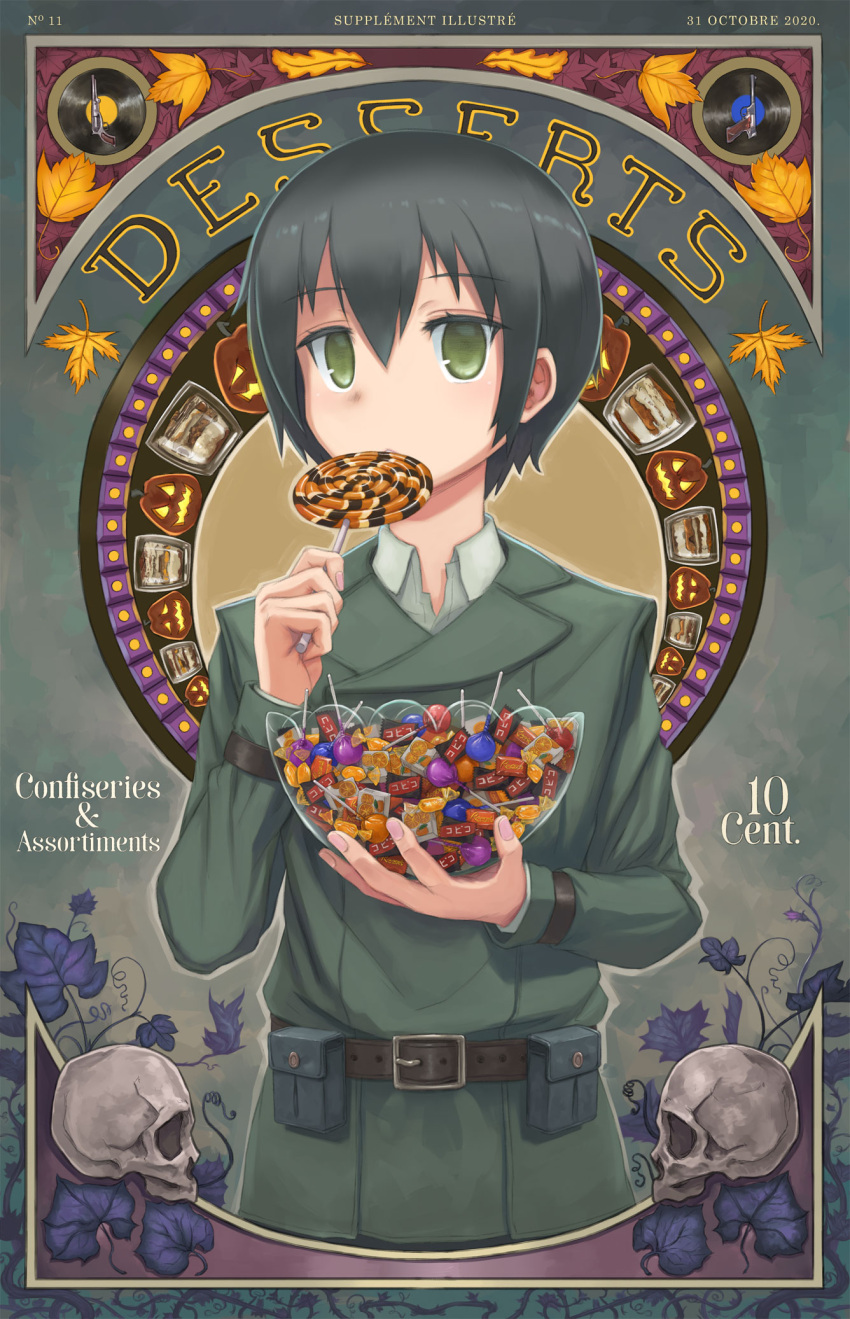 1girl androgynous art_nouveau autumn_leaves bangs belt belt_buckle belt_pouch black_hair bowl brown_belt buckle candy commentary cup dated dress_shirt eating food french_text green_eyes green_jacket gun hair_between_eyes halloween handgun highres holding holding_bowl holding_candy holding_food holding_lollipop jack-o'-lantern jacket kino_(kino_no_tabi) kino_no_tabi leaf lollipop looking_at_viewer mixed-language_commentary no_pupils pistol pouch revolver shirt short_hair skull standing tauke translated upper_body very_short_hair weapon white_shirt