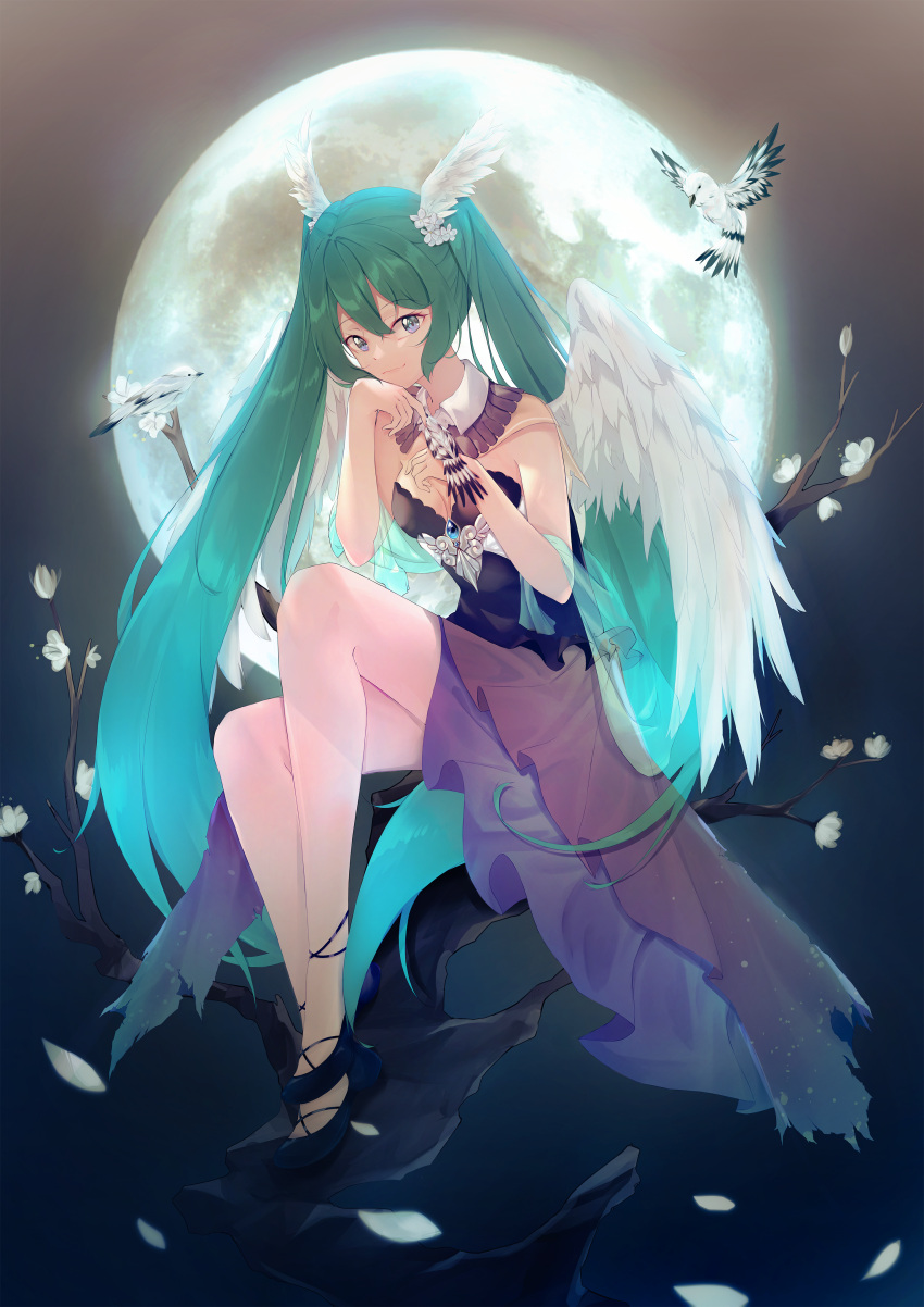 1girl absurdres angel_wings bangs black_footwear blue_eyes blue_hair closed_mouth collarbone detached_collar dress eyebrows_visible_through_hair feathered_wings full_body full_moon gradient_hair green_hair hair_between_eyes hatsune_miku highres holding huge_filesize layered_dress long_hair looking_at_viewer moon multicolored_hair petals samuine8 shiny shiny_hair sitting sleeveless sleeveless_dress smile solo strapless strapless_dress twintails very_long_hair vocaloid white_wings wing_collar wings