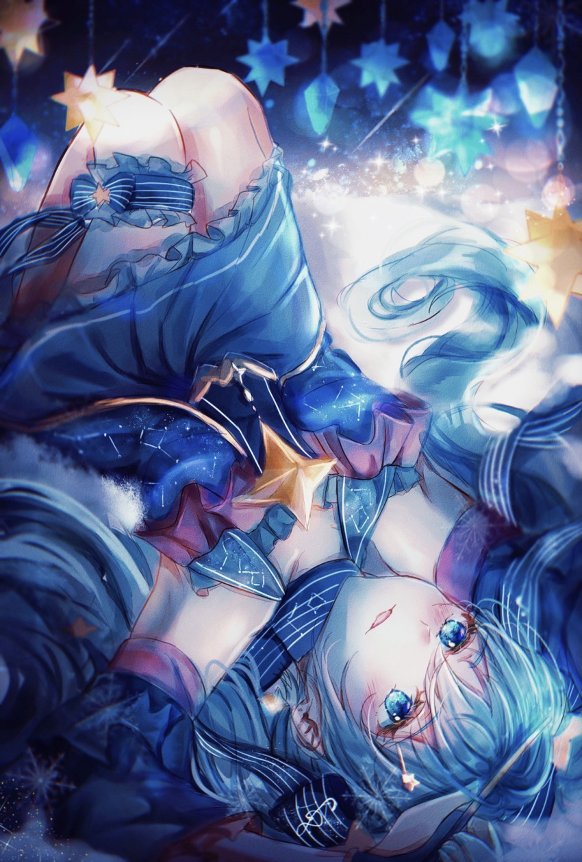 1girl ai_(polaris) arm_up bare_shoulders blue_dress blue_eyes blue_hair blue_ribbon blue_sleeves commentary constellation_print detached_sleeves dress english_commentary engrish_commentary frilled_dress frills hair_ornament hair_ribbon hairclip hatsune_miku highres holding holding_wand knees_up leg_garter light_smile long_hair lying mixed-language_commentary mobile on_back parted_lips ribbon sleeveless sleeveless_dress solo staff_(music) star_(symbol) star_hair_ornament star_ornament star_print stellated_octahedron striped striped_ribbon treble_clef twintails upside-down very_long_hair vocaloid wand yuki_miku yuki_miku_(2017)