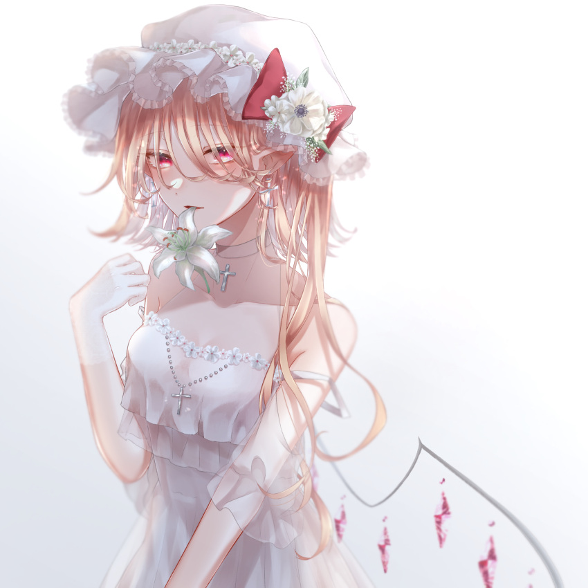 1girl alternate_costume bare_shoulders blonde_hair blurry bow breasts collarbone crystal depth_of_field dress eyebrows_visible_through_hair flandre_scarlet flower gloves gradient gradient_background grey_background grey_choker hair_over_eyes hand_up hat hat_bow hibiscus highres hisu_(hisu_) latin_cross light_blush looking_at_viewer medium_breasts mob_cap mouth_hold one_side_up parted_lips pink_eyes pointy_ears poppy_(flower) red_bow see-through short_hair simple_background solo touhou upper_body white_dress white_flower white_gloves white_headwear wings