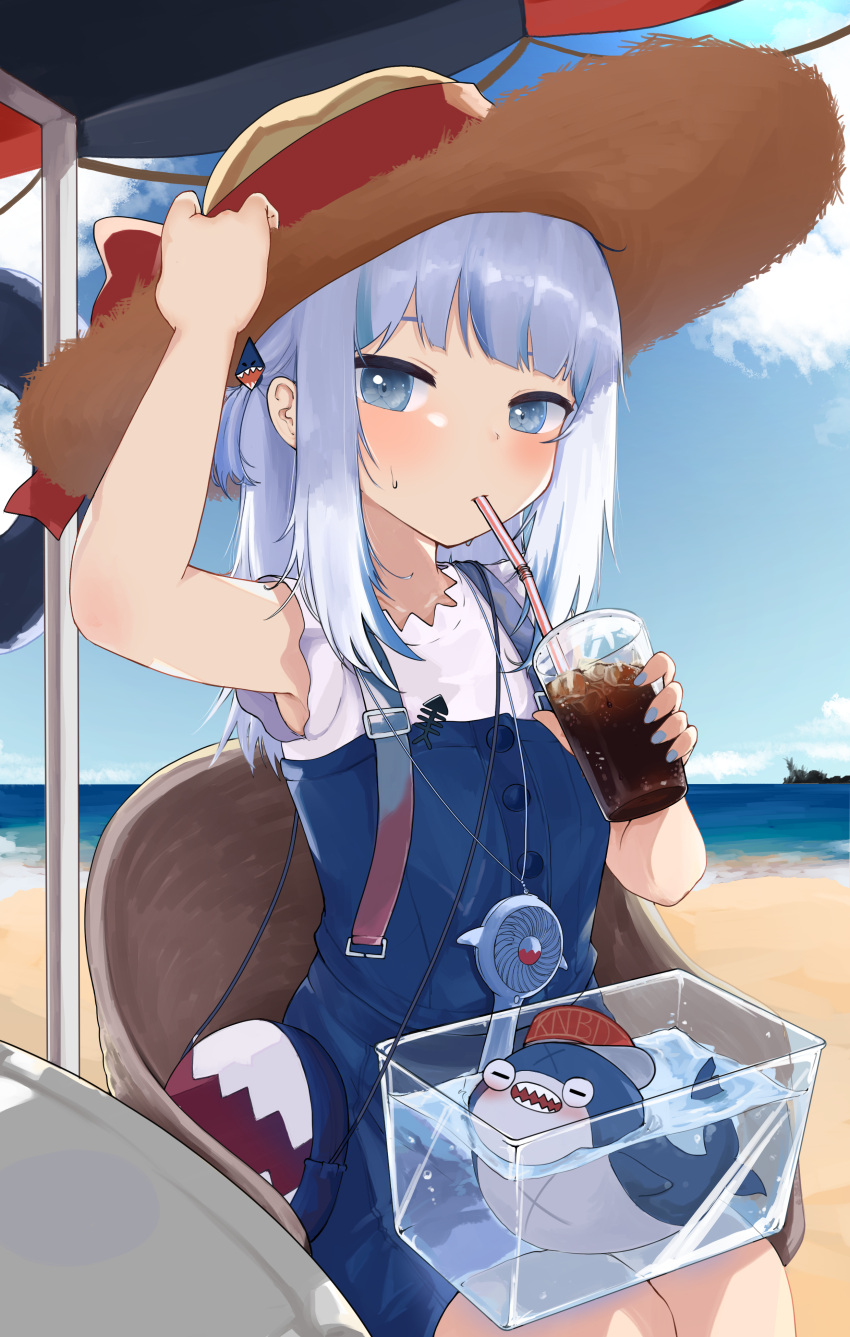 1girl absurdres bag beach bloop_(gawr_gura) blue_dress blue_eyes blush clouds cola cup drawn_ears drawn_whiskers dress drinking drinking_straw_in_mouth face_filter fish_tank gawr_gura hair_ornament hairclip hat hat_ribbon highres holding holding_cup hololive hololive_english horizon knbd long_hair looking_at_viewer ocean official_alternate_costume outdoors red_ribbon ribbon shirt shoulder_bag silver_hair sitting sky sleeveless sleeveless_shirt soda solo_focus straw_hat summer suspenders sweatdrop virtual_youtuber white_shirt