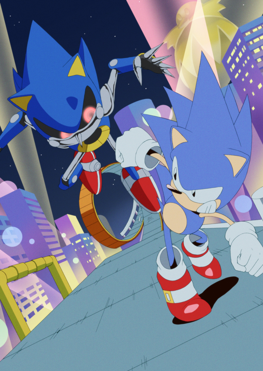 2boys absurdres banel_springer building clenched_teeth gloves highres huge_filesize male_focus metal_sonic multiple_boys racing retro_artstyle robot running shoes sneakers sonic_(series) sonic_cd sonic_the_hedgehog sonic_the_hedgehog_(classic) teeth white_gloves