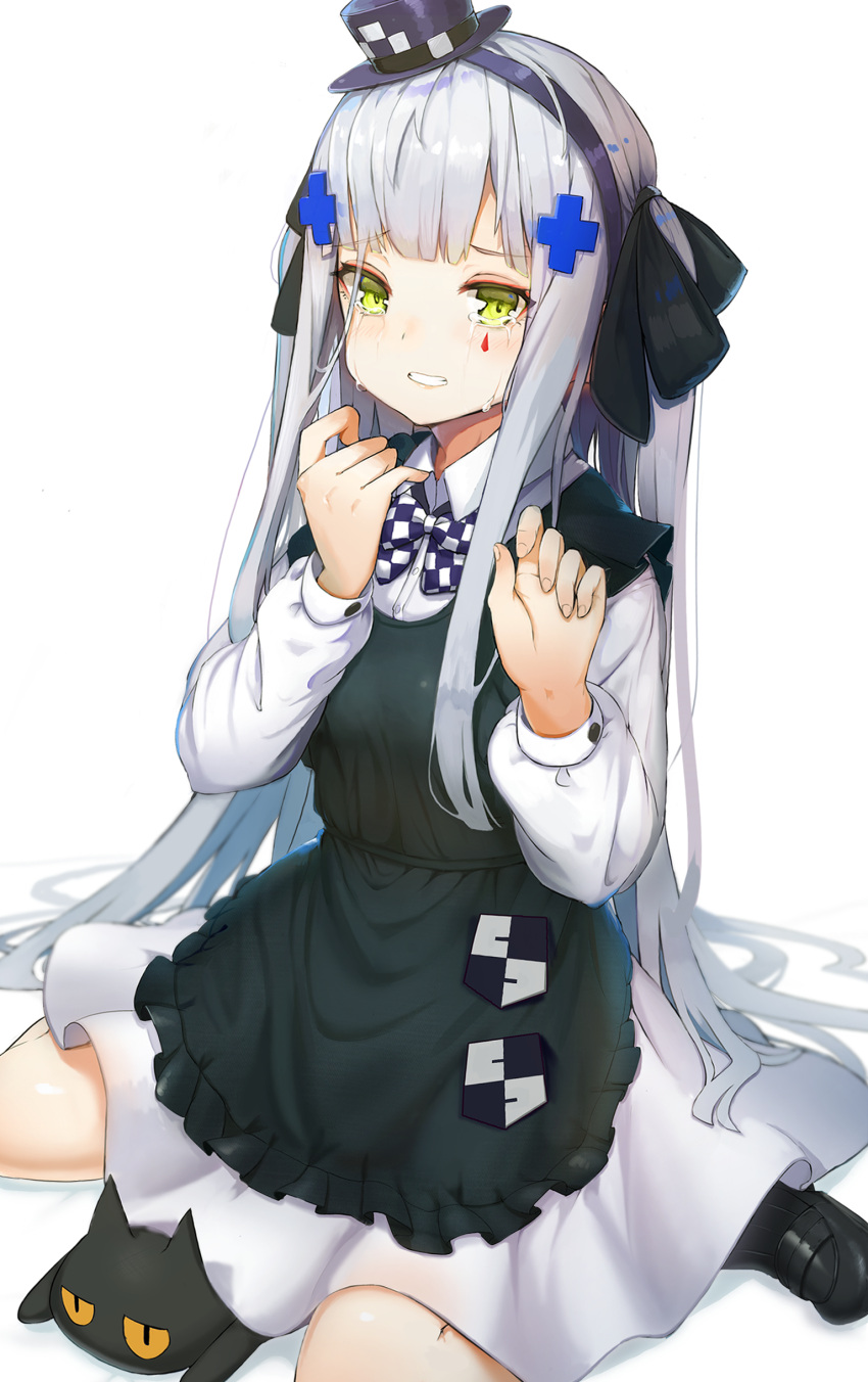 1girl absurdres apron assault_rifle bangs black_apron black_footwear black_hairband black_legwear black_ribbon blunt_bangs blush bow bowtie cat checkered checkered_bow clenched_teeth dress eyebrows_visible_through_hair facial_mark frilled_apron frills girls_frontline green_eyes gun h&amp;k_hk416 hair_ornament hair_ribbon hairband hat highres hk416_(girls'_frontline) hukahire0120 loafers long_hair long_sleeves looking_at_viewer mini_hat mini_top_hat ribbon rifle shoes simple_background solo tears teeth top_hat two_side_up very_long_hair weapon white_background white_dress white_hair yellow_eyes