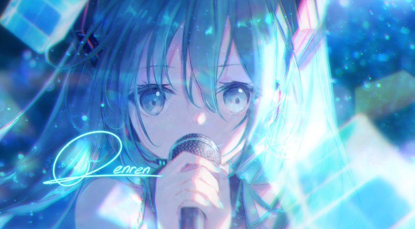 1girl bangs blue_eyes blue_hair collarbone eyebrows_visible_through_hair hair_between_eyes hair_ornament hatsune_miku holding holding_microphone long_hair looking_at_viewer microphone music portrait renren_(pixiv22963369) shiny shiny_hair signature singing sleeveless solo vocaloid