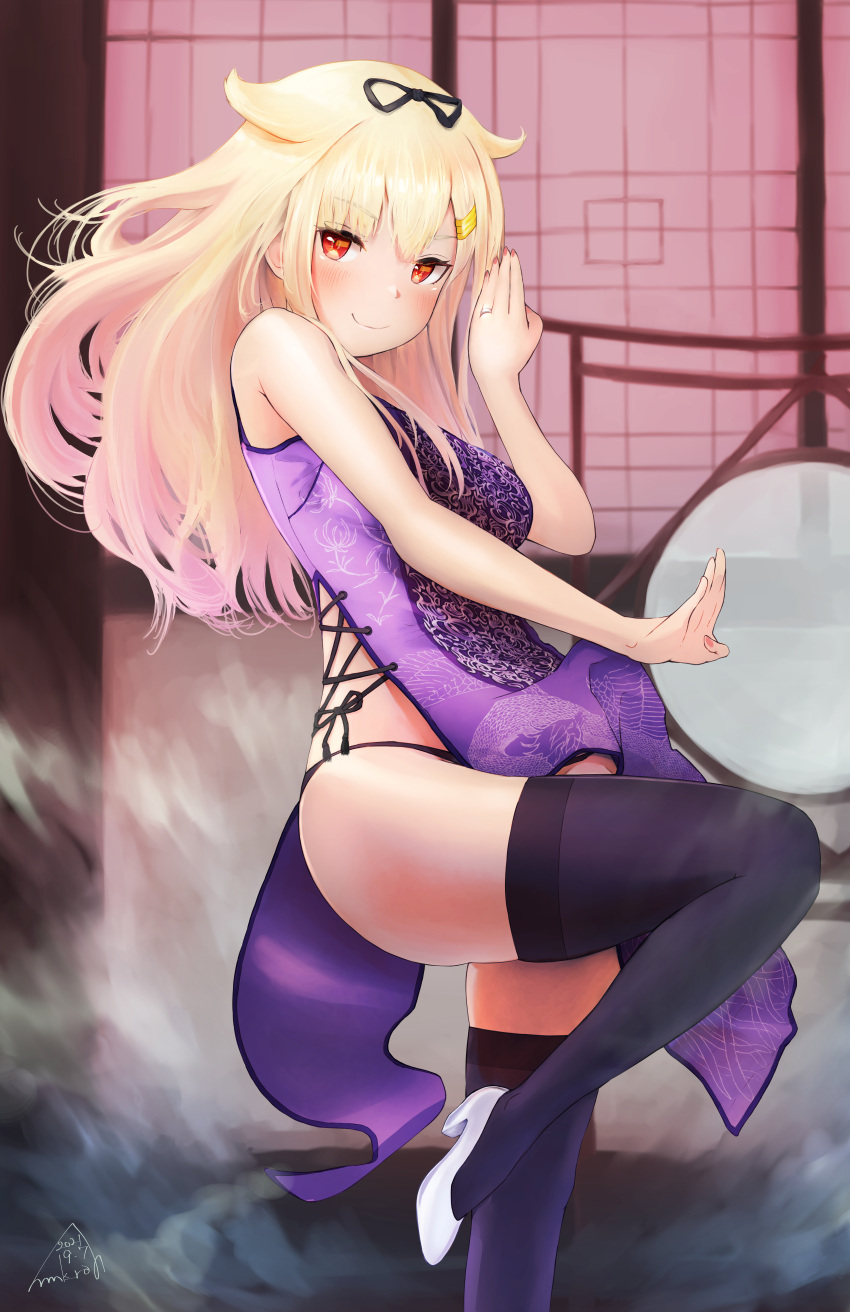 1girl absurdres alternate_costume black_legwear black_panties black_ribbon blonde_hair blush breasts china_dress chinese_clothes commentary_request dress gradient_hair hair_flaps hair_ornament hair_ribbon hairclip high_heels highres huge_filesize jewelry kantai_collection leg_up long_dress looking_at_viewer medium_breasts messy_hair mmk multicolored_hair one-hour_drawing_challenge panties pink_hair purple_dress red_eyes remodel_(kantai_collection) ribbon ring side_slit signature smile solo thigh-highs underwear wedding_band white_footwear yuudachi_(kancolle)