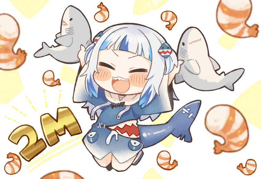 1girl :d bangs blue_hair blunt_bangs blush_stickers chibi closed_eyes commentary dated_commentary drawstring fish_tail gawr_gura highres hololive hololive_english long_sleeves milestone_celebration multicolored_hair open_mouth same_anko shark shark_tail sharp_teeth shrimp simple_background smile solo streaked_hair tail teeth two-tone_hair two_side_up virtual_youtuber white_background white_hair wide_sleeves