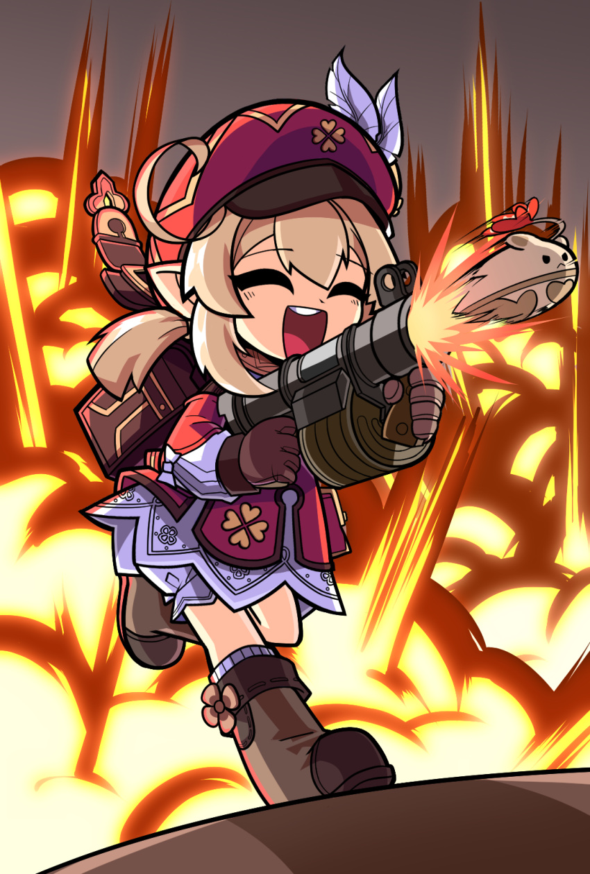 1girl :d ^_^ ^o^ ahoge aiming bangs bloomers boots brown_footwear brown_gloves cabbie_hat closed_eyes clover_print coat commentary_request crawbar explosion eyebrows_visible_through_hair firing full_body genshin_impact gloves grenade_launcher gun hair_between_eyes hat hat_feather hat_ornament highres holding holding_gun holding_weapon jumpy_dumpty klee_(genshin_impact) knee_boots kneehighs light_brown_hair long_hair long_sleeves looking_away low_twintails pocket pointy_ears red_coat red_headwear running sidelocks simple_background smile solo twintails underwear weapon
