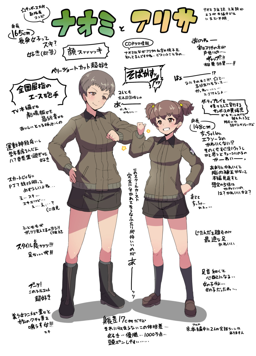 2girls alisa_(girls_und_panzer) arm_bump bangs black_footwear black_shorts boots brown_eyes brown_hair brown_jacket character_name closed_mouth commentary emblem freckles girls_und_panzer grey_legwear grin hair_ornament hand_on_hip highres jacket kneehighs loafers long_sleeves looking_at_another military military_uniform multiple_girls naomi_(girls_und_panzer) partially_translated sasaki_tatsuya saunders_military_uniform shoes short_hair short_shorts short_twintails shorts simple_background smile socks standing star_(symbol) star_hair_ornament translation_request twintails uniform very_short_hair white_background