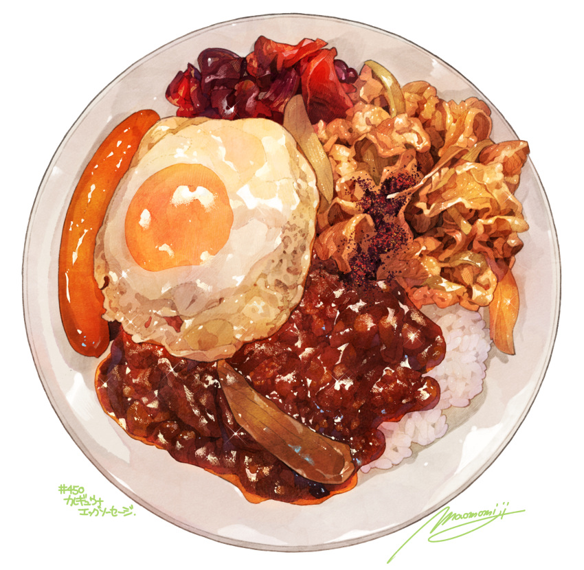 commentary_request egg food food_focus highres momiji_mao no_humans original plate rice sausage signature simple_background sparkle translation_request white_background