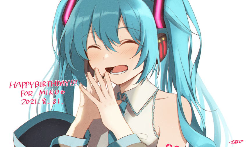 1girl 2021 :d ^_^ absurdres black_sleeves blue_hair blue_neckwear blush character_name closed_eyes collarbone collared_shirt dated detached_sleeves happy_birthday hatsune_miku headphones headset highres huge_filesize long_hair microphone necktie open_mouth shiny shiny_hair shirt signature simple_background sleeveless sleeveless_shirt smile solo tasi_y twintails upper_body vocaloid white_background white_shirt wing_collar