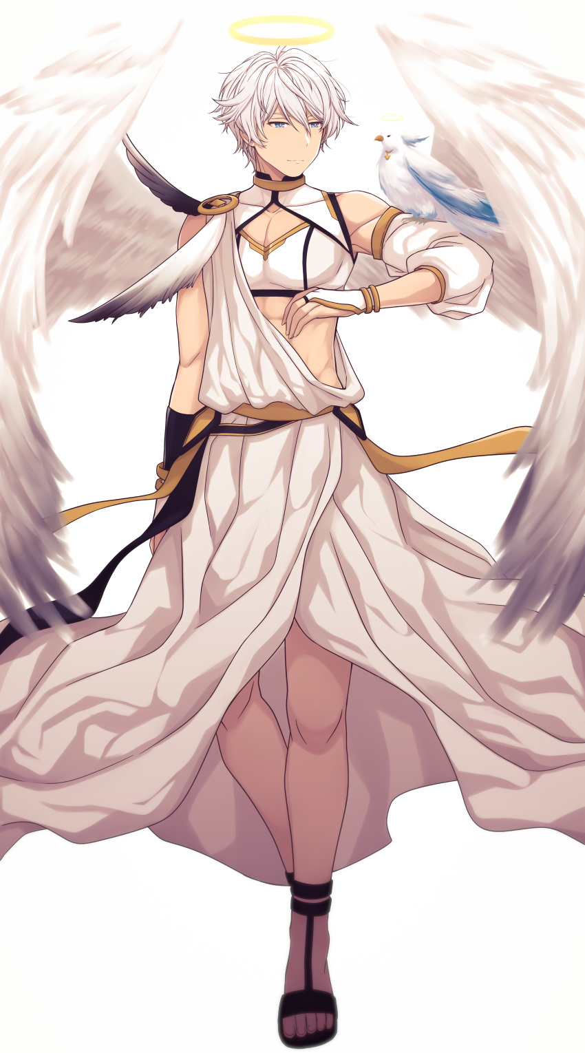 1boy abs absurdres angel angel_wings asymmetrical_gloves bangs bare_shoulders bird black_gloves fingerless_gloves full_body gloves hair_between_eyes halo highres honkai_(series) honkai_impact_3rd kaixuan_lushang kevin_kaslana looking_at_animal mismatched_gloves muscular muscular_male sandals short_hair simple_background solo toes toga white_background white_bird white_gloves wings