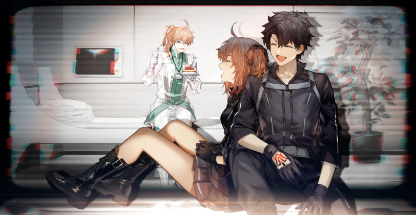 1girl 2boys :d ^_^ arlizi black_footwear black_gloves black_hair black_jacket black_pants black_scrunchie brown_hair closed_eyes fate/grand_order fate_(series) fujimaru_ritsuka_(female) fujimaru_ritsuka_(male) gloves green_eyes grey_skirt hair_ornament hair_over_shoulder hair_scrunchie highres holding holding_plate holding_spoon indoors jacket long_hair long_sleeves miniskirt multiple_boys open_mouth pants plate pleated_skirt ponytail romani_archaman scrunchie short_hair side_ponytail sitting skirt smile spoon white_gloves