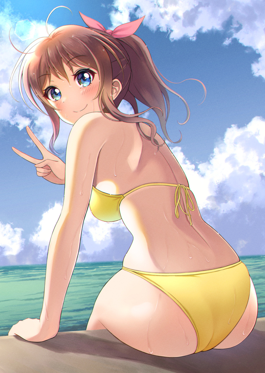 1girl aranami_shibuki ass bang_dream! bangs bare_back bare_shoulders bikini blue_eyes blue_sky blush bow breasts brown_hair closed_mouth clouds commentary_request day eyebrows_visible_through_hair from_behind hair_bow halterneck highres leaning_forward looking_at_viewer looking_back medium_breasts medium_hair ocean outdoors pink_bow ponytail revision shadow short_ponytail sidelocks sitting sky smile solo string_bikini swimsuit v water wet wet_clothes wet_hair wet_swimsuit yamabuki_saaya yellow_bikini