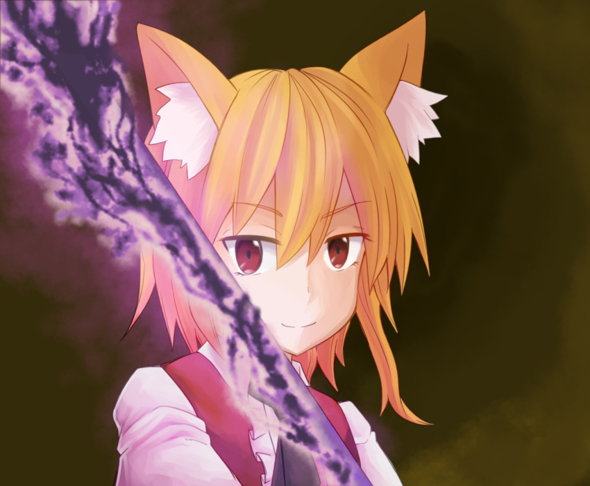 1girl animal_ear_fluff animal_ears asymmetrical_hair bangs black_neckwear blonde_hair brown_background brown_eyes brown_vest closed_mouth collared_shirt commentary_request cookie_(touhou) eyebrows_visible_through_hair fox_ears fox_girl fox_tail hair_between_eyes holding holding_pole looking_at_viewer medium_hair miramikaru_riran necktie pole shirt sidelocks smile solo tail upper_body vest white_shirt yan_pai