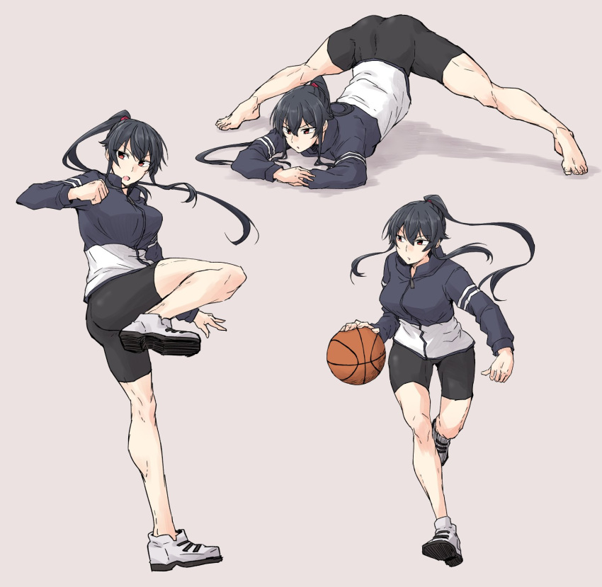 1girl barefoot basketball beige_background bike_shorts black_hair black_shorts eyebrows_visible_through_hair hair_between_eyes highres jack-o'_challenge jacket kantai_collection long_hair long_sleeves multiple_views open_mouth ponytail red_eyes rindou_(rindou_annon) shoes shorts simple_background sneakers top-down_bottom-up track_jacket very_long_hair yahagi_(kancolle)