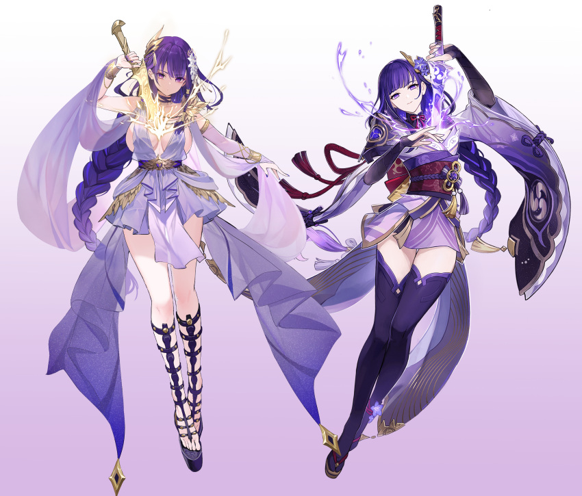 2girls between_breasts braid braided_ponytail breasts dishwasher1910 elbow_gloves genshin_impact gladiator_sandals gloves hair_ornament highres japanese_clothes kimono looking_at_viewer multiple_girls purple_hair purple_legwear raiden_mei raiden_shogun sandals sleeves smile sword sword_between_breasts thigh-highs violet_eyes weapon