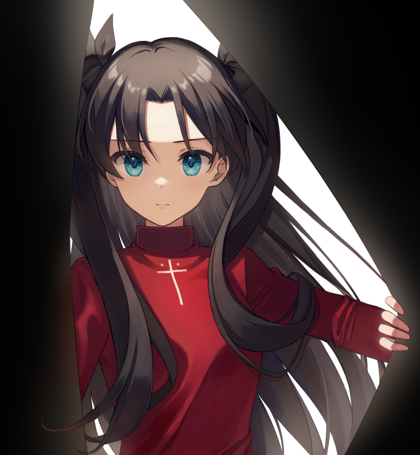 1girl bangs black_bow black_hair blue_eyes bow closed_mouth curtains eyebrows_visible_through_hair fate/stay_night fate_(series) hair_bow highres long_hair long_sleeves looking_at_viewer parted_bangs red_sweater simple_background smile solo sweater tohsaka_rin two_side_up upper_body white_background zhi_(yammycheese)