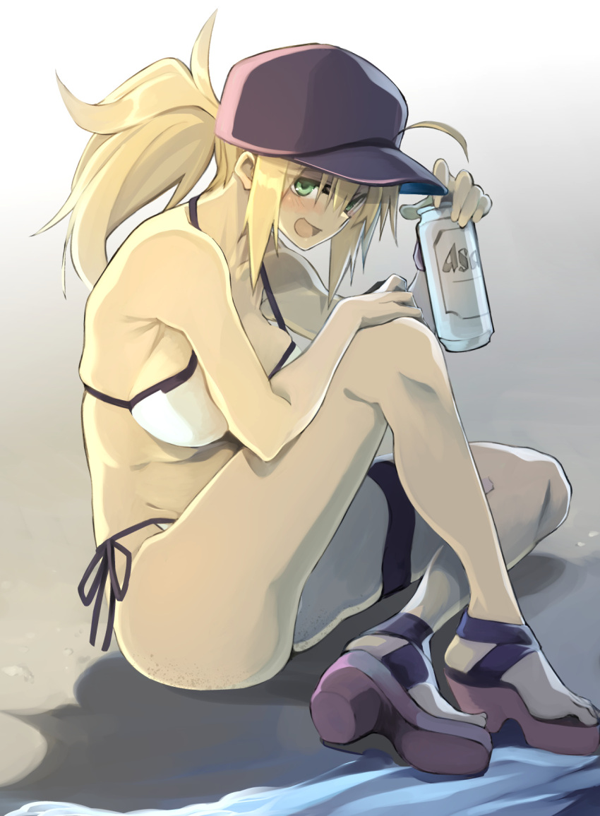10mo 1girl ahoge artoria_pendragon_(fate) bangs bare_shoulders baseball_cap beer_can blonde_hair blue_eyes blue_headwear blush breasts can fate/grand_order fate_(series) hair_between_eyes hair_through_headwear hat highres knee_up large_breasts long_hair looking_at_viewer mysterious_heroine_xx_(fate) open_mouth ponytail sandals sidelocks sitting smile solo