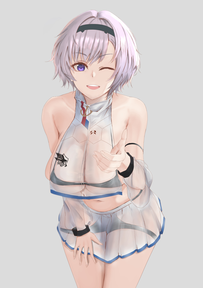 1girl absurdres azur_lane black_bra bra breasts cheerleader crop_top crop_top_overhang detached_sleeves grey_background highres large_breasts leaning_forward light_purple_hair looking_at_viewer medium_hair midriff mippei29 navel official_alternate_costume one_eye_closed open_mouth reno_(azur_lane) reno_(biggest_little_cheerleader)_(azur_lane) see-through_shirt see-through_skirt see-through_sleeves shirt simple_background skirt sleeveless sleeveless_shirt solo standing stomach two-tone_skirt underwear violet_eyes
