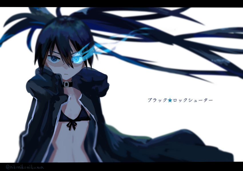 1girl absurdres belt_collar black_bra black_jacket black_rock_shooter black_rock_shooter_(character) blue_eyes bra character_name collar commentary copyright_name dark_blue_hair flaming_eye flat_chest highres hood hooded_jacket jacket light_frown long_hair looking_at_viewer pale_skin ponytail skinny solo tatyaoekaki translated underwear upper_body v-shaped_eyebrows very_long_hair white_background