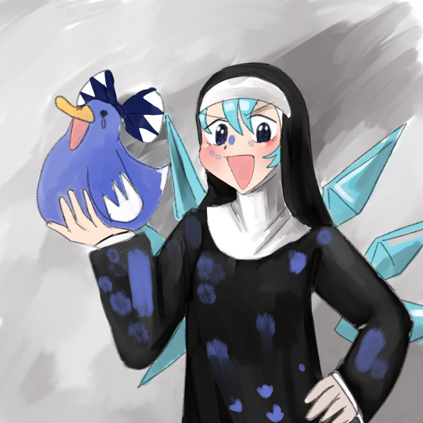 1girl animal bird blue_eyes blue_hair bow cirno cropped_torso crossover detached_wings duck footprints habit hair_bow highres holding holding_animal ice ice_wings little_nuns_(diva) nun paint_splatter smile solo step_arts touhou wings