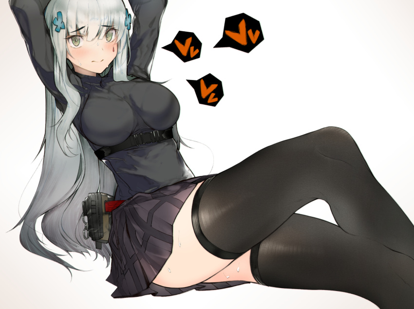 1girl bangs black_legwear black_shirt black_skirt blush breasts closed_mouth ekuesu eyebrows_visible_through_hair feet_out_of_frame girls_frontline green_eyes hair_ornament heart highres hk416_(girls'_frontline) knee_up large_breasts long_hair long_sleeves looking_at_viewer shirt silver_hair sitting skirt solo spoken_heart thigh-highs thighs