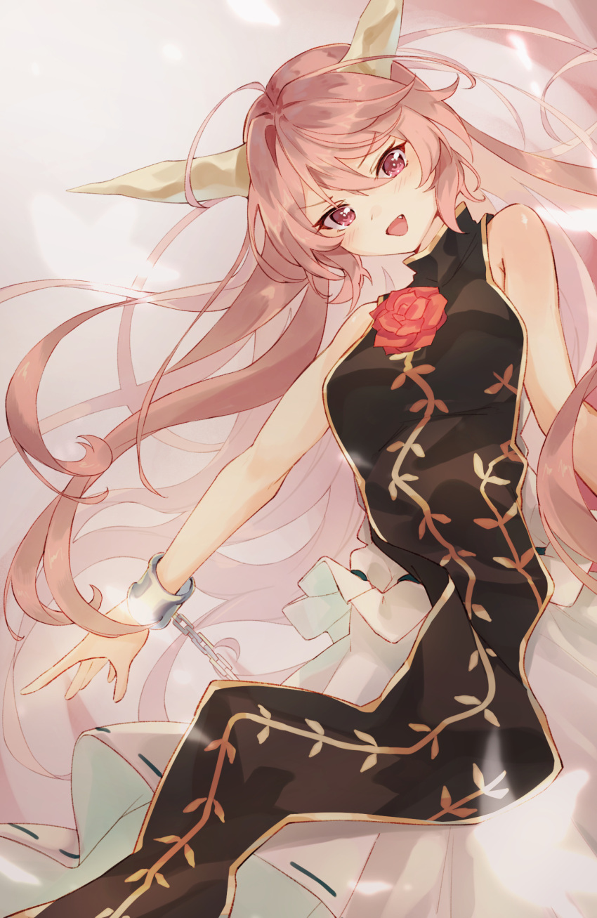 1girl ahoge bare_shoulders blush breasts chain cuffs eyebrows_visible_through_hair fang flower gold_trim hair_between_eyes highres horns ibaraki_douji_(touhou) large_breasts long_hair looking_at_viewer oni_horns open_mouth pink_eyes pink_hair ribbon-trimmed_clothes ribbon-trimmed_skirt ribbon_trim rose shackles skirt solo tabard tamiku_(shisyamo609) touhou vine_print white_skirt