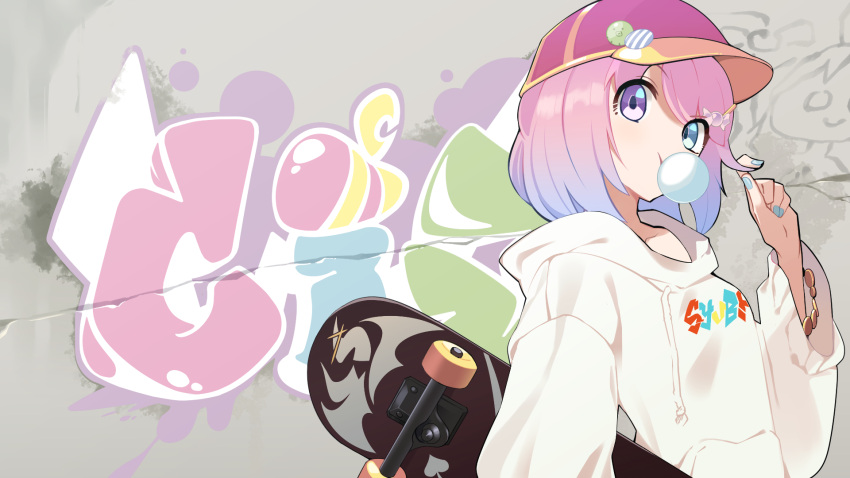 1girl baseball_cap blue_hair blue_nails chewing_gum gradient_hair graffiti green_eyes hair_twirling hat heterochromia highres himemori_luna holding_skateboard hololive hood hoodie multicolored_hair pink_hair purple_headwear ronin_(zeth_total) short_hair skateboard solo violet_eyes virtual_youtuber white_hoodie