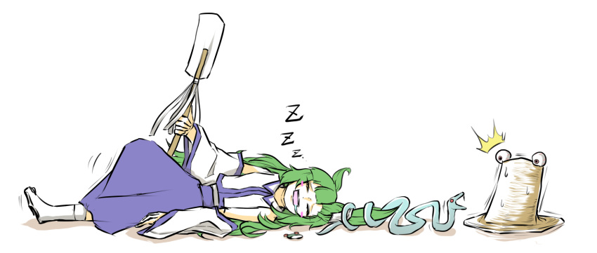 1girl blue_skirt blush_stickers collared_shirt detached_sleeves drooling fangs frog_hair_ornament gohei green_hair hair_ornament highres kochiya_sanae long_hair long_sleeves nontraditional_miko peroponesosu. pyonta shirt simple_background skirt sleeping snake_hair_ornament socks solo surprised sweatdrop touhou trembling white_background wide_sleeves zzz