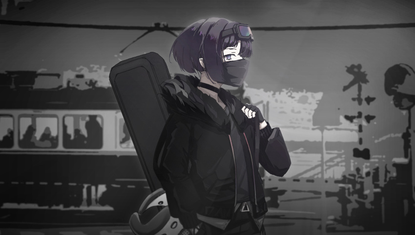 1girl absurdres andreana_(arknights) arknights bangs black_gloves black_jacket black_pants black_shirt commentary fingerless_gloves from_side fur-trimmed_jacket fur_trim gloves goggles goggles_on_head grey_background ground_vehicle hand_up highres jacket jianmiantu looking_at_viewer mask mouth_mask pants purple_hair shirt short_hair sideways_glance solo tentacles train upper_body violet_eyes weapon_case