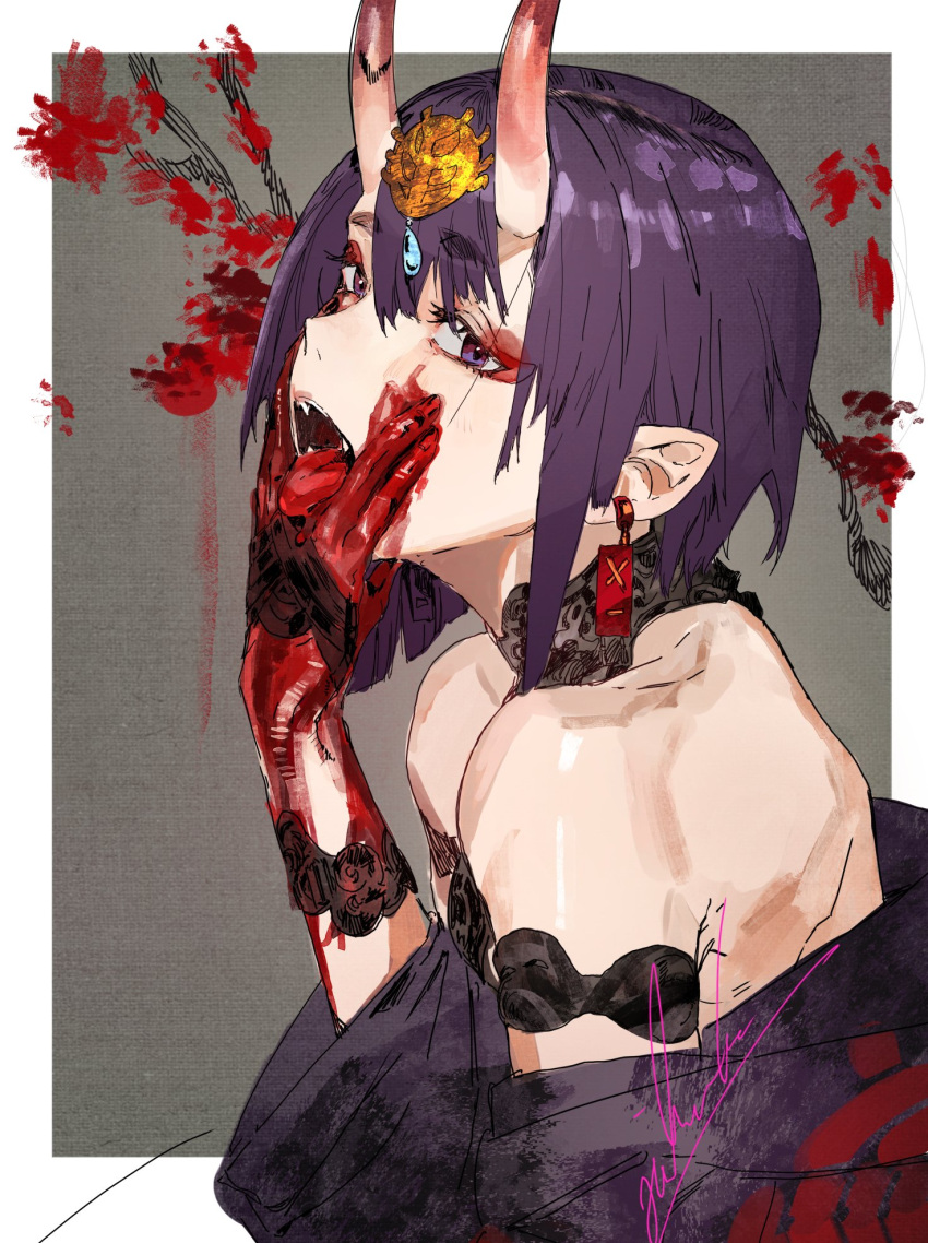 1girl bangs bare_shoulders blood blood_on_arm blood_on_face blood_on_hands bob_cut earrings eyebrows_visible_through_hair eyeliner eyeshadow fangs fate/grand_order fate_(series) hair_between_eyes highres hiranko horns japanese_clothes jewelry kimono looking_at_viewer makeup oni oni_horns open_mouth pointy_ears purple_hair purple_kimono revealing_clothes short_hair shuten_douji_(fate) signature skin-covered_horns smile solo teeth thick_eyebrows tongue tongue_out violet_eyes