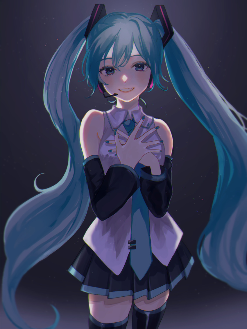 1girl absurdres bangs black_legwear black_skirt black_sleeves blue_eyes blue_hair blue_nails blue_neckwear collared_shirt cowboy_shot detached_sleeves floating_hair grey_background grin hair_between_eyes hair_ornament hatsune_miku headphones headset highres long_hair long_sleeves looking_at_viewer microphone miniskirt nail_polish necktie p2_(uxjzz) pleated_skirt shiny shiny_clothes shiny_legwear shirt skirt sleeveless sleeveless_shirt smile solo standing thigh-highs twintails very_long_hair vocaloid white_shirt wing_collar zettai_ryouiki